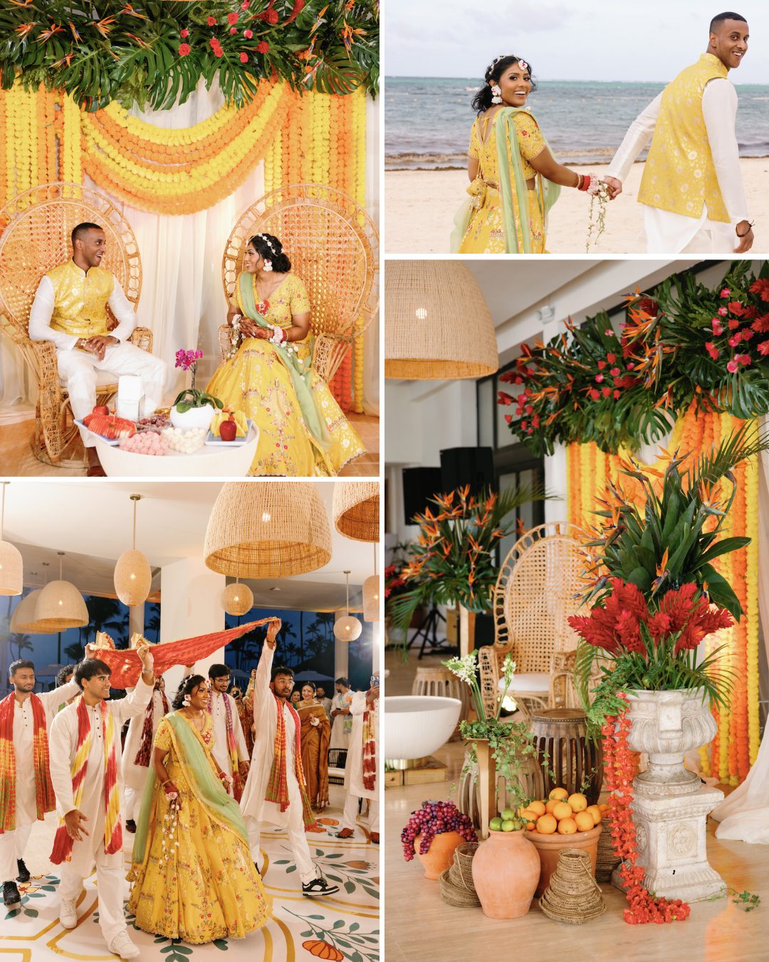 A couple in yellow and white traditional attire participate in a vibrant Indian wedding ceremony decorated with marigolds, tropical flowers, and fruits by the sea and indoors.