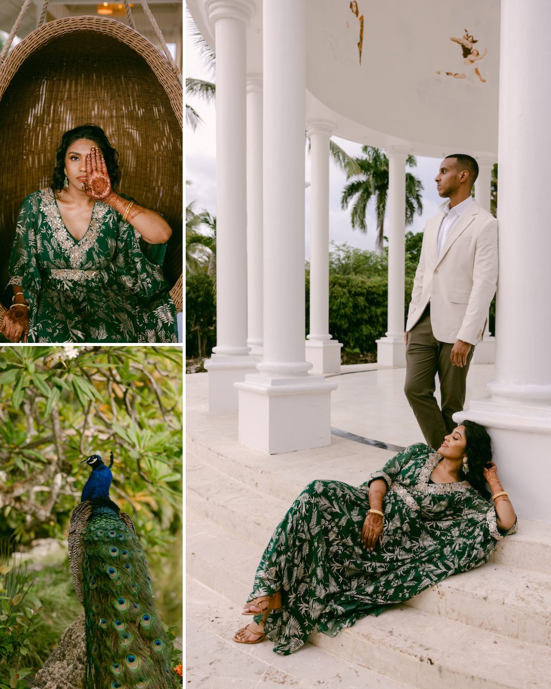 A woman in a green peacock-patterned dress poses indoors and outdoors with a man in a white suit; a peacock is also pictured.
