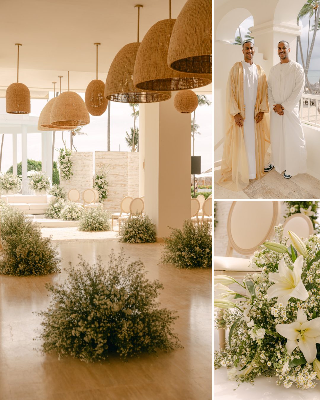 A modern indoor wedding setup with floral arrangements, two men in traditional attire, and close-up of white lilies and greenery.