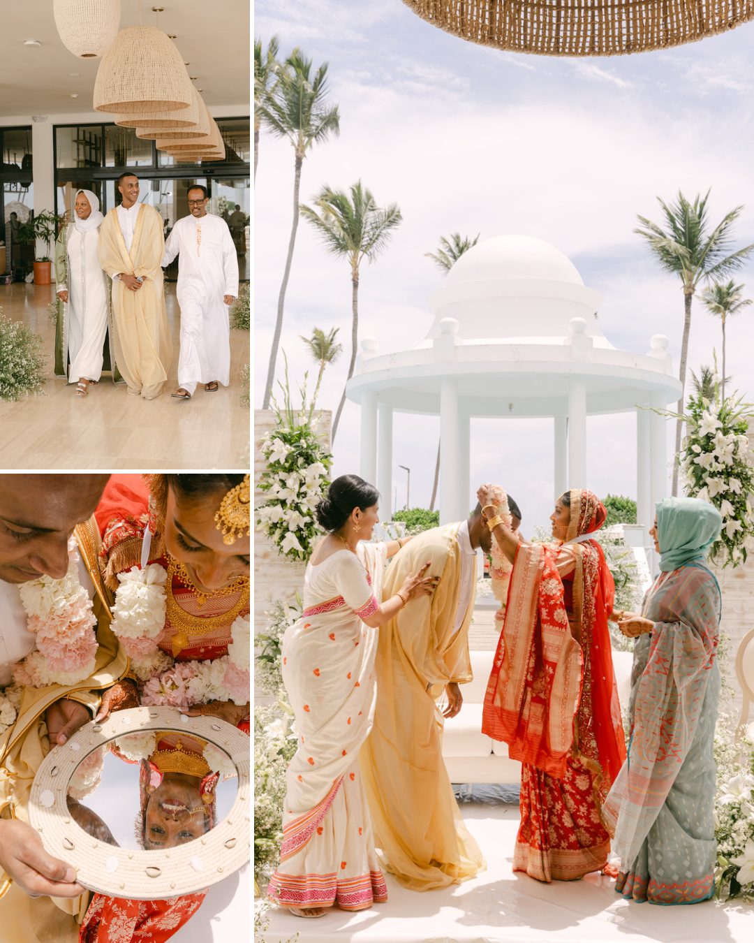 A wedding ceremony with people in traditional attire; men walk together, women participate in a ritual outdoors near a white domed structure under palm trees.
