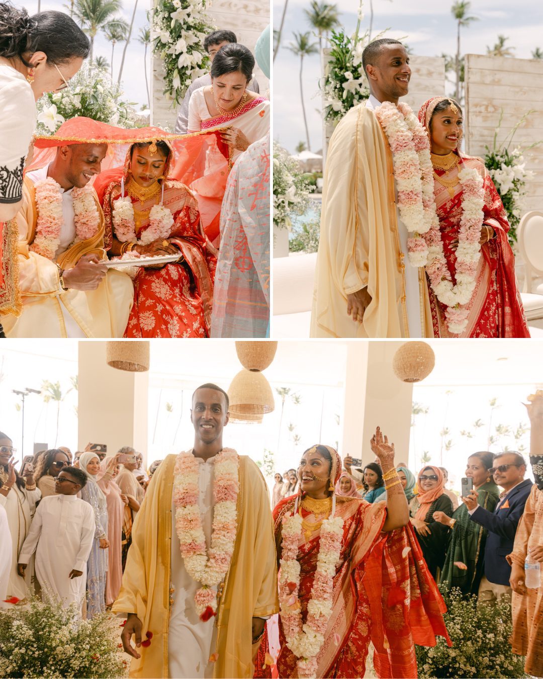 A couple dressed in traditional attire participates in a wedding ceremony, surrounded by family and guests, with floral decorations in the background.