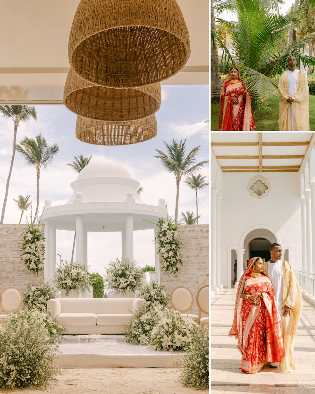 Collage showing a wedding venue with white domed pavilion and floral decor, and a couple in traditional attire walking outdoors and through a white corridor.
