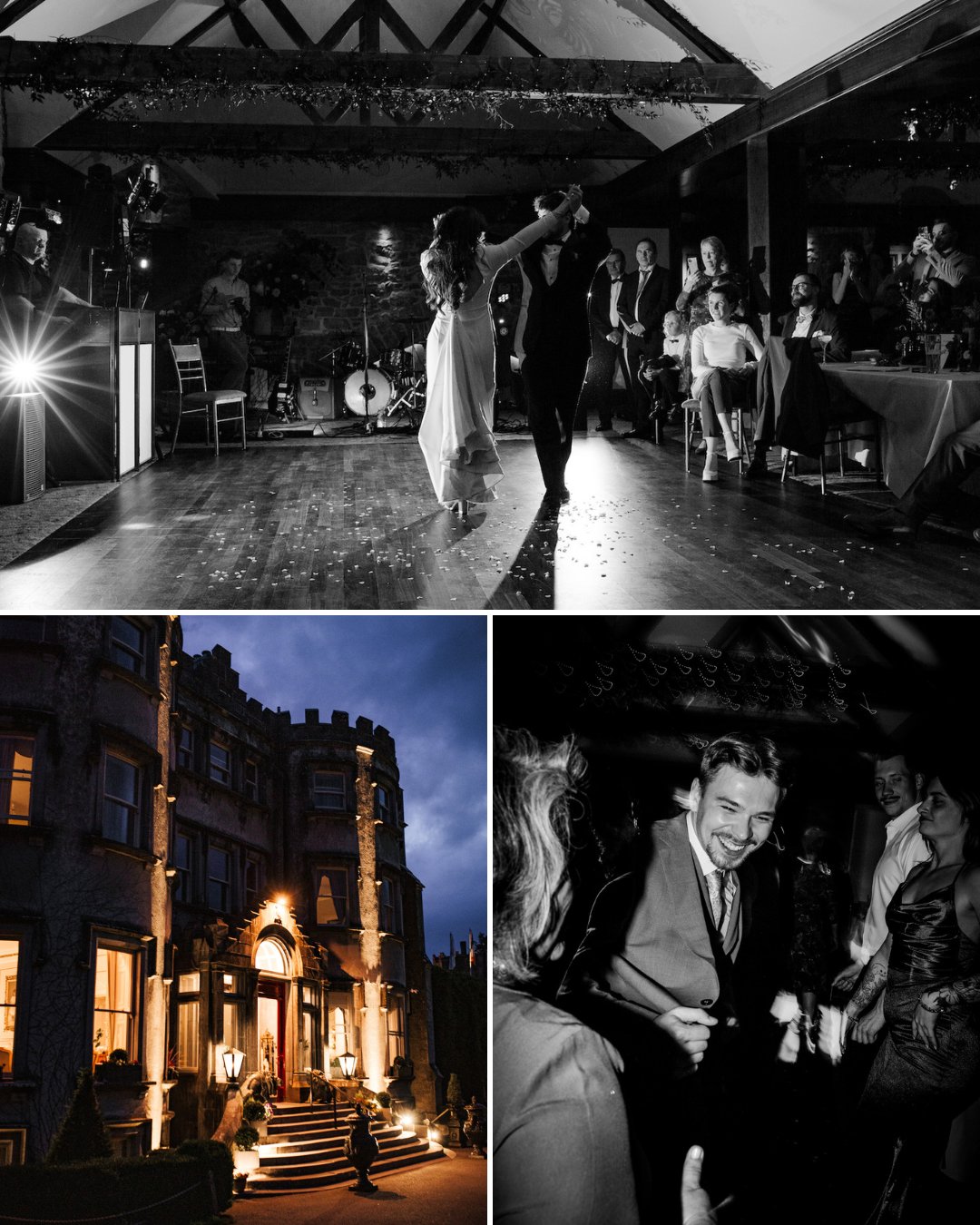 A couple dances at a wedding reception, with guests watching; below, an exterior view of a lit-up building and a man smiling at a lively indoor event.