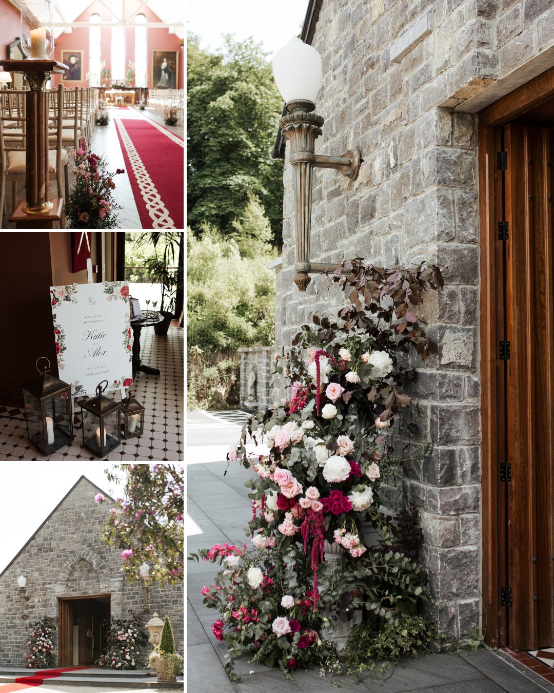 Collage showing a church interior with red carpet, a decorative welcome sign, the church exterior, and a floral arrangement by the stone entrance.