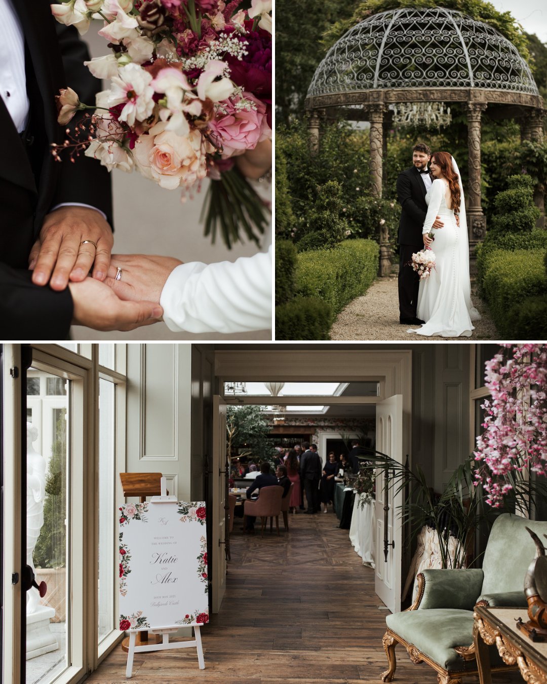 A collage shows a couple exchanging rings, the couple posing in a garden under a gazebo, and a decorated wedding venue entrance with a welcome sign and guests inside.