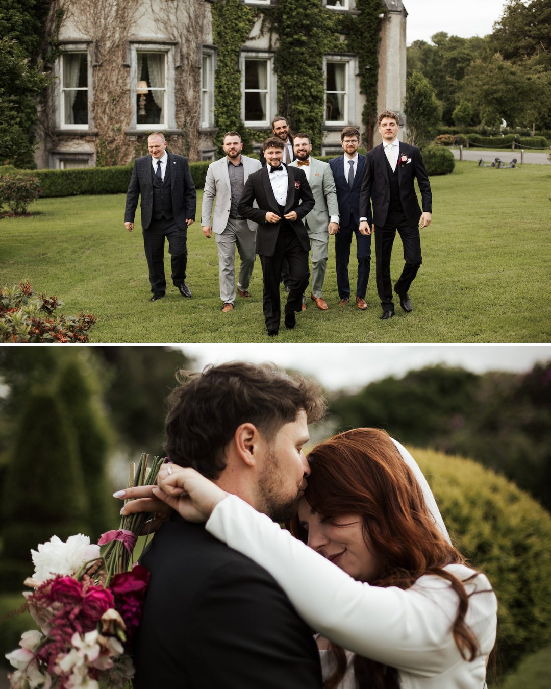 A group of men in suits walk on a lawn near a building; below, a groom embraces a bride holding a bouquet outdoors.