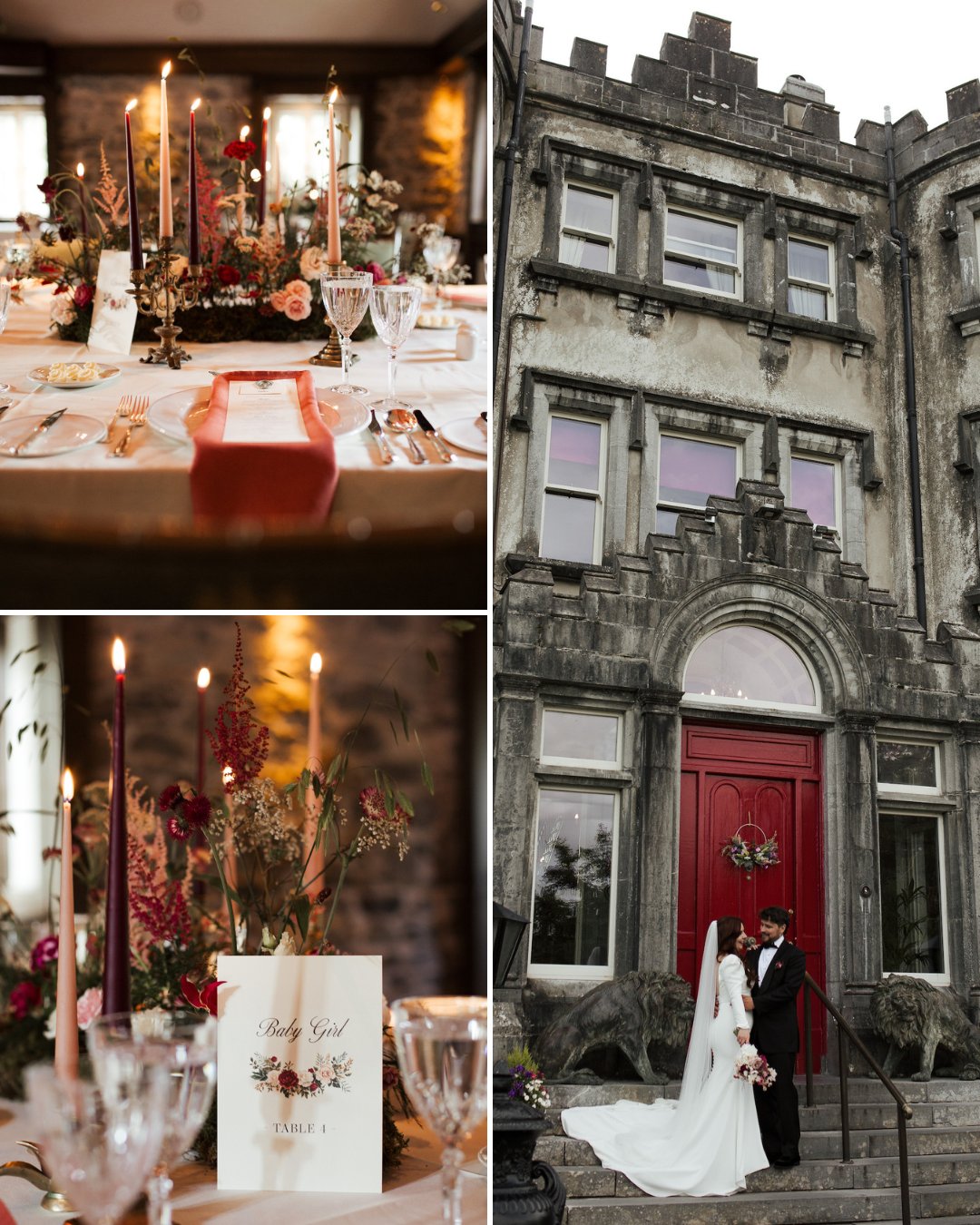 A collage shows an elegant table setting with candles and flowers, close-up details of decor, and a bride and groom posing outside a historic stone building with a red door.