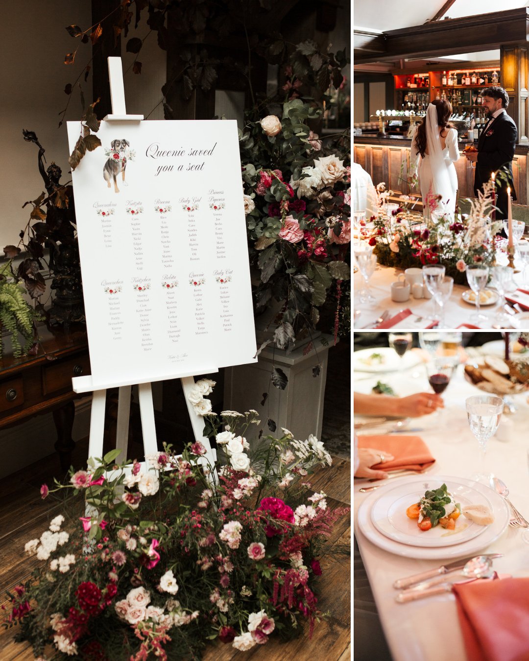 A wedding seating chart on an easel with floral arrangements, and two table settings with pink napkins and flower centerpieces. A bride and groom stand together in the background.