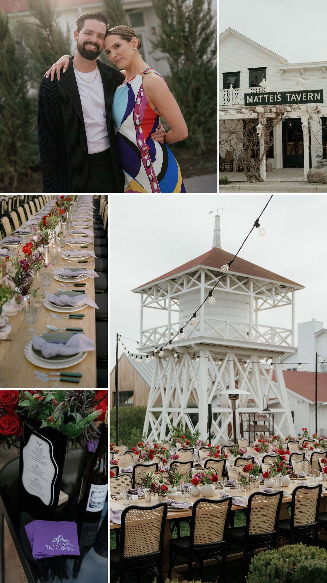 A collage shows a couple posing, the exterior of a building labeled “Mattei’s Tavern,” long banquet tables set for an event, a water tower, and wine bottles on a table.