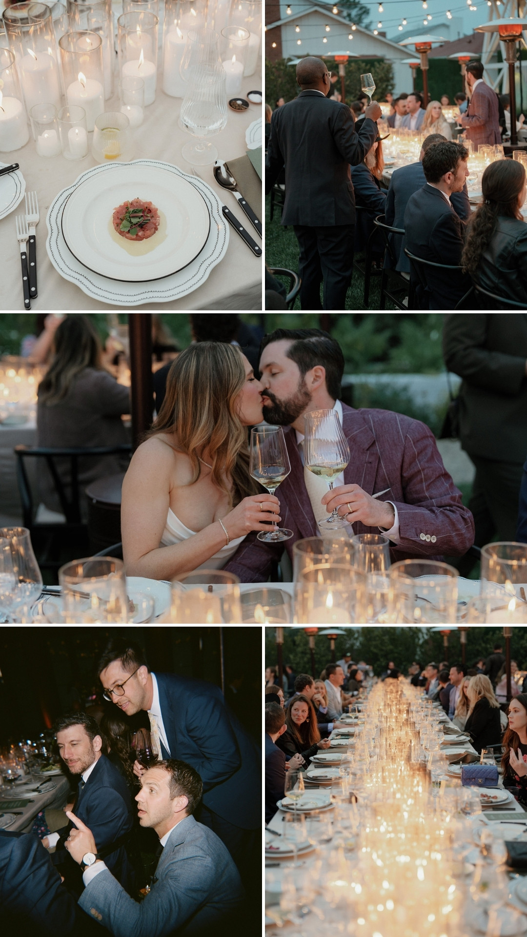 A formal outdoor dinner party with string lights, candles, elegantly set tables, and guests dressed up, eating, toasting, and socializing.