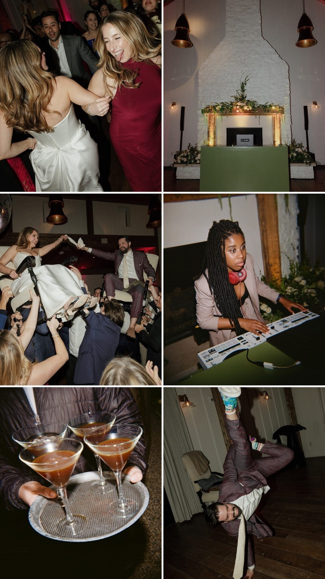 A collage of wedding scenes: dancing guests, a decorated altar, people lifting someone in a chair, a woman playing keyboard, cocktails on a tray, and a person breakdancing.