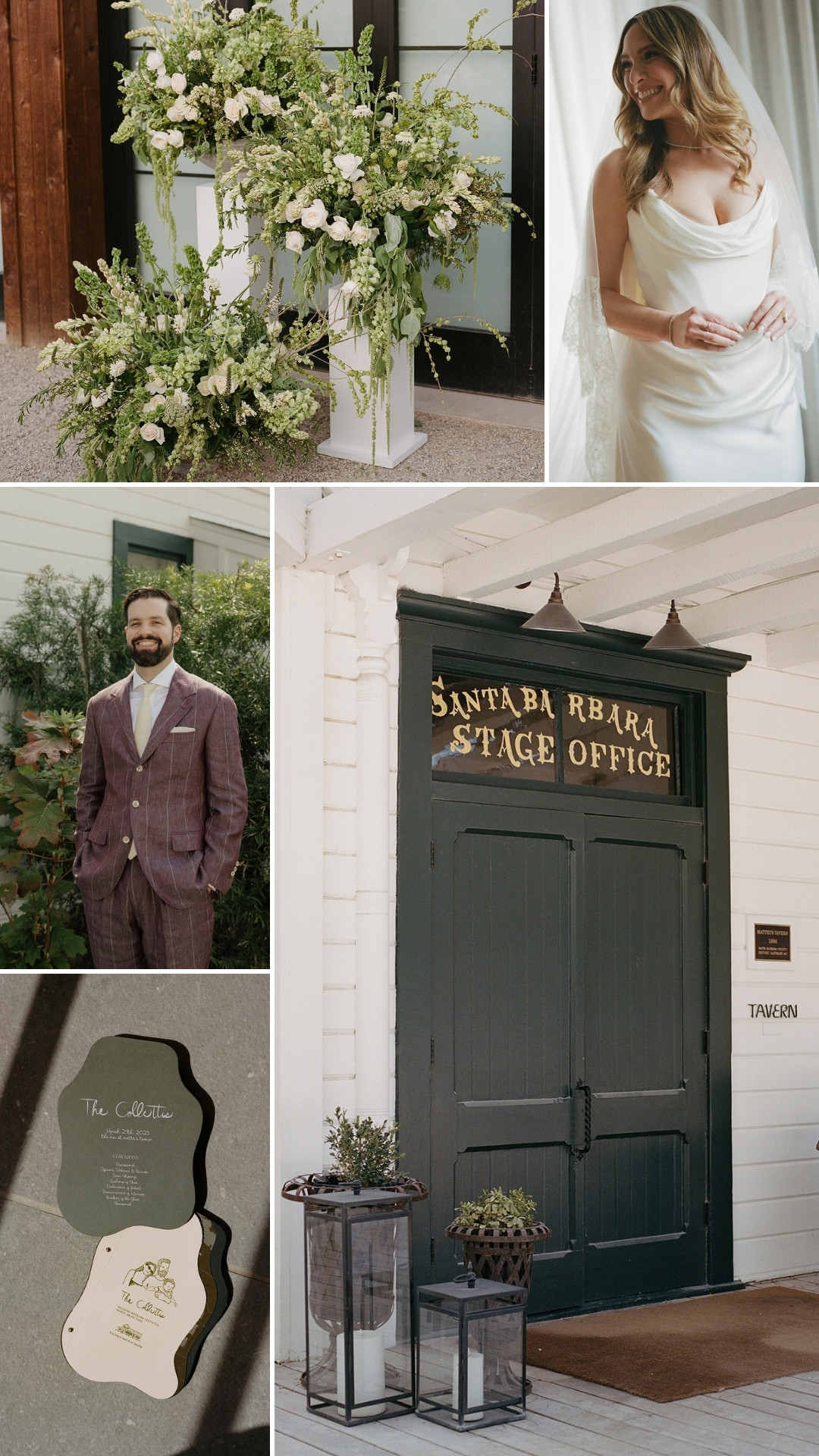 Collage of wedding scenes: floral arrangement, bride in white dress, groom in suit, green stage office door, and wedding invitations on a white surface.