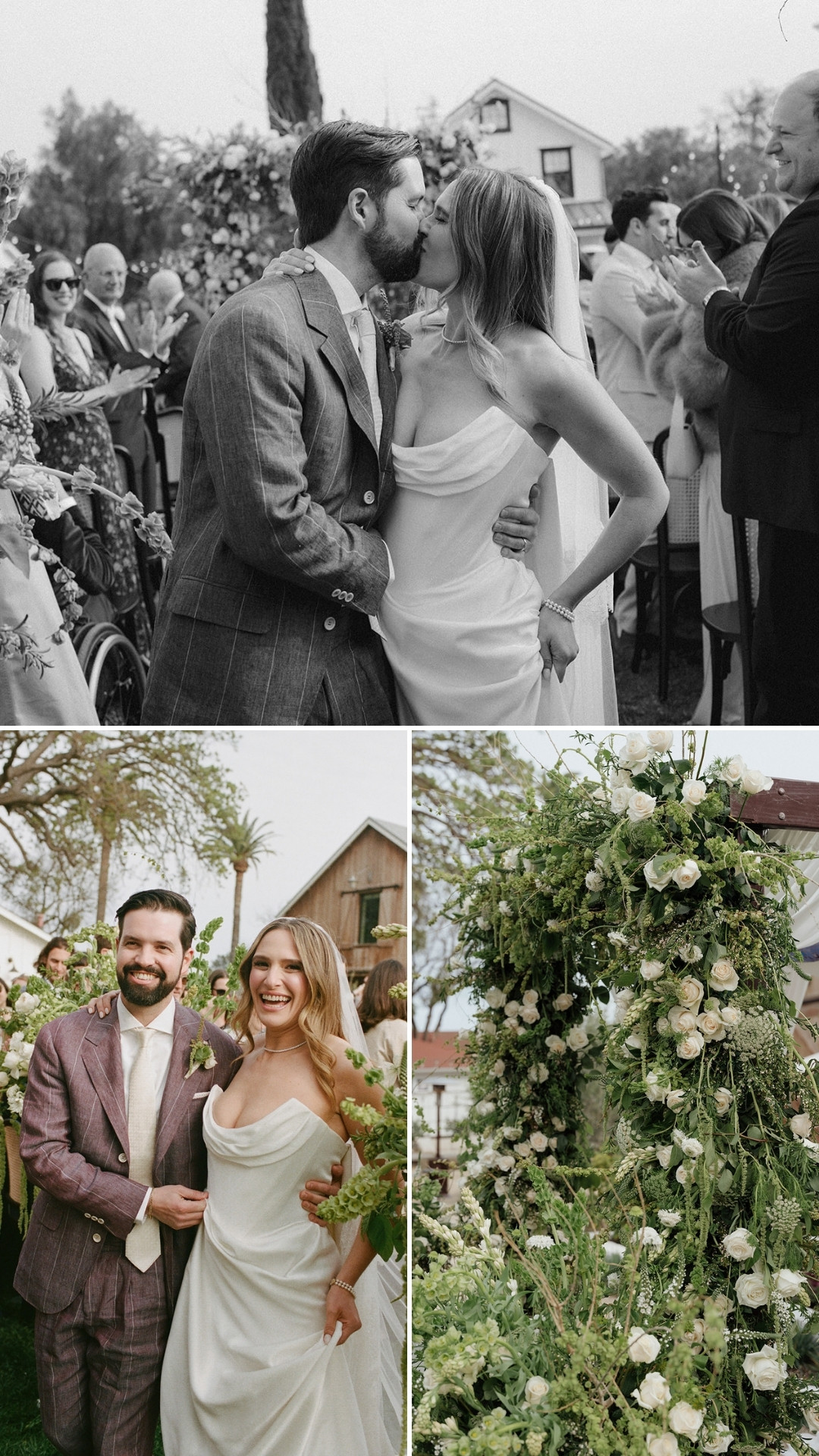 A bride and groom kiss and pose together at an outdoor wedding ceremony, surrounded by guests and floral decorations.