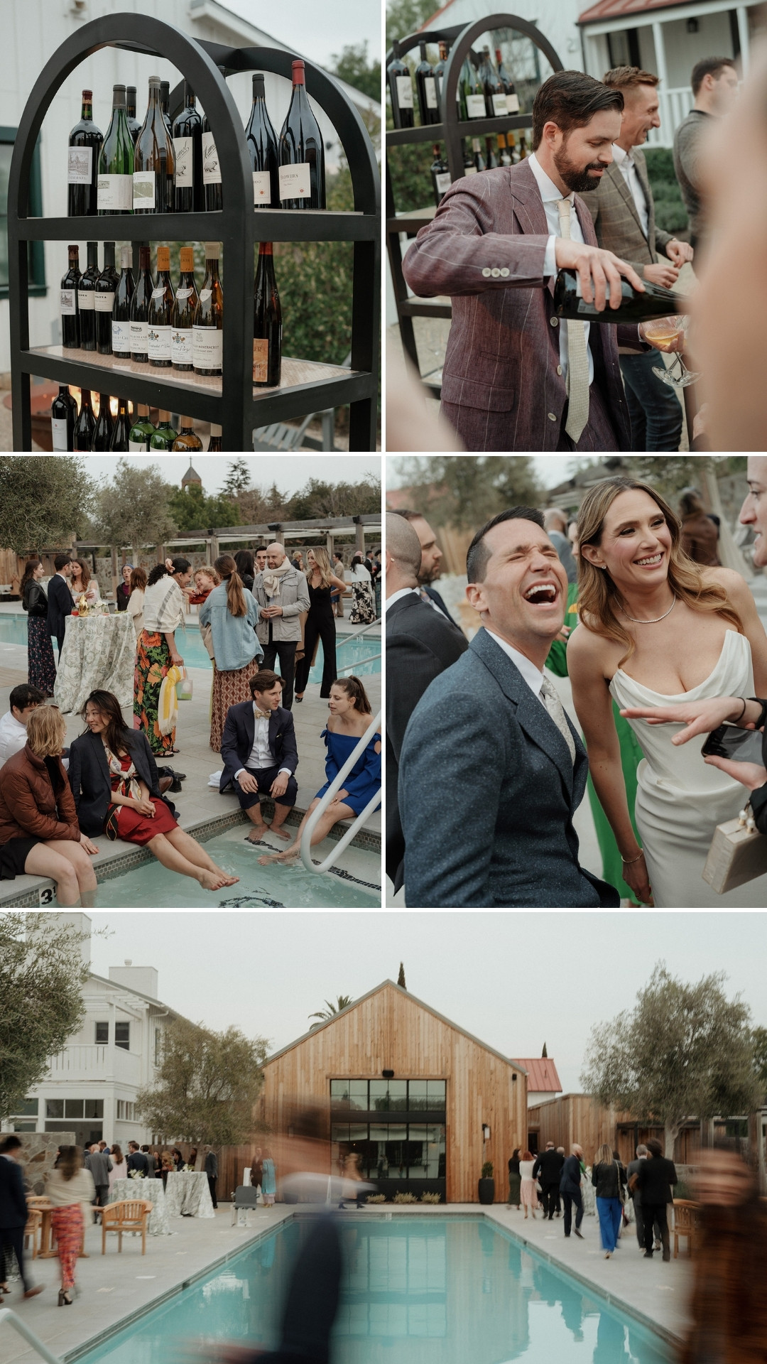 Collage of four photos: bottles on shelves, a man pouring wine, groups of people socializing by a pool, and a wide view of a poolside gathering near a modern barn-style building.