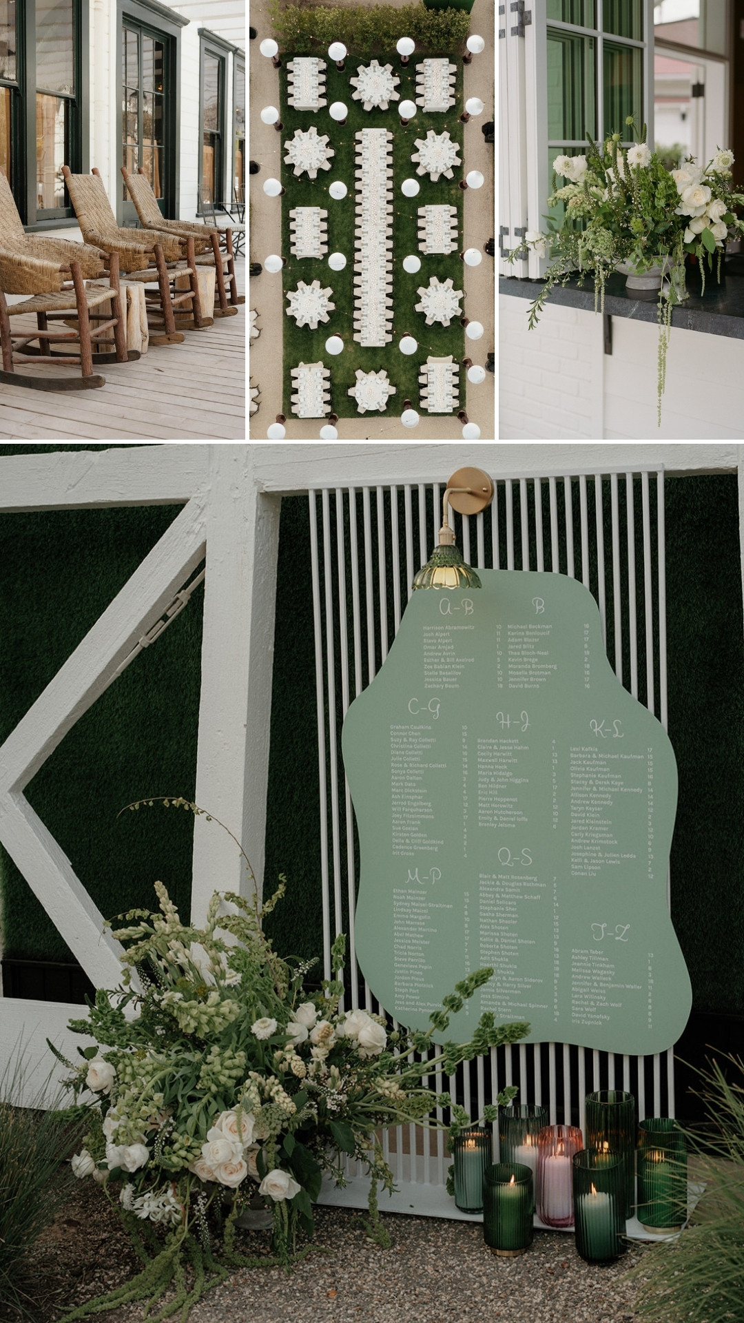Collage showing rocking chairs on a porch, a floral window box, and a decorated seating chart display with flowers and candles.