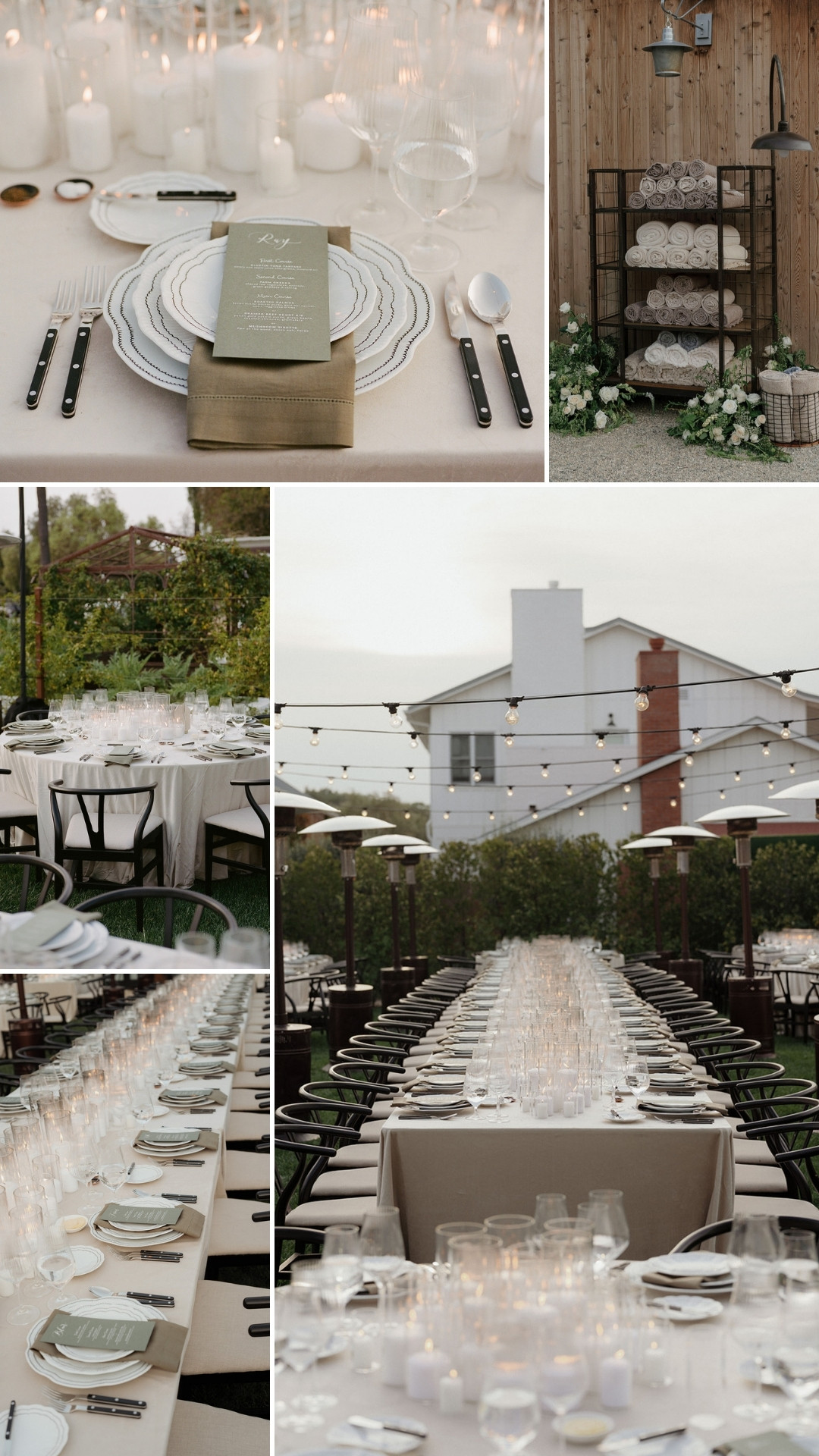 Collage of an elegant outdoor dining setup with long tables, white plates, glassware, candles, and neutral-toned decor, set against a modern house and garden backdrop.
