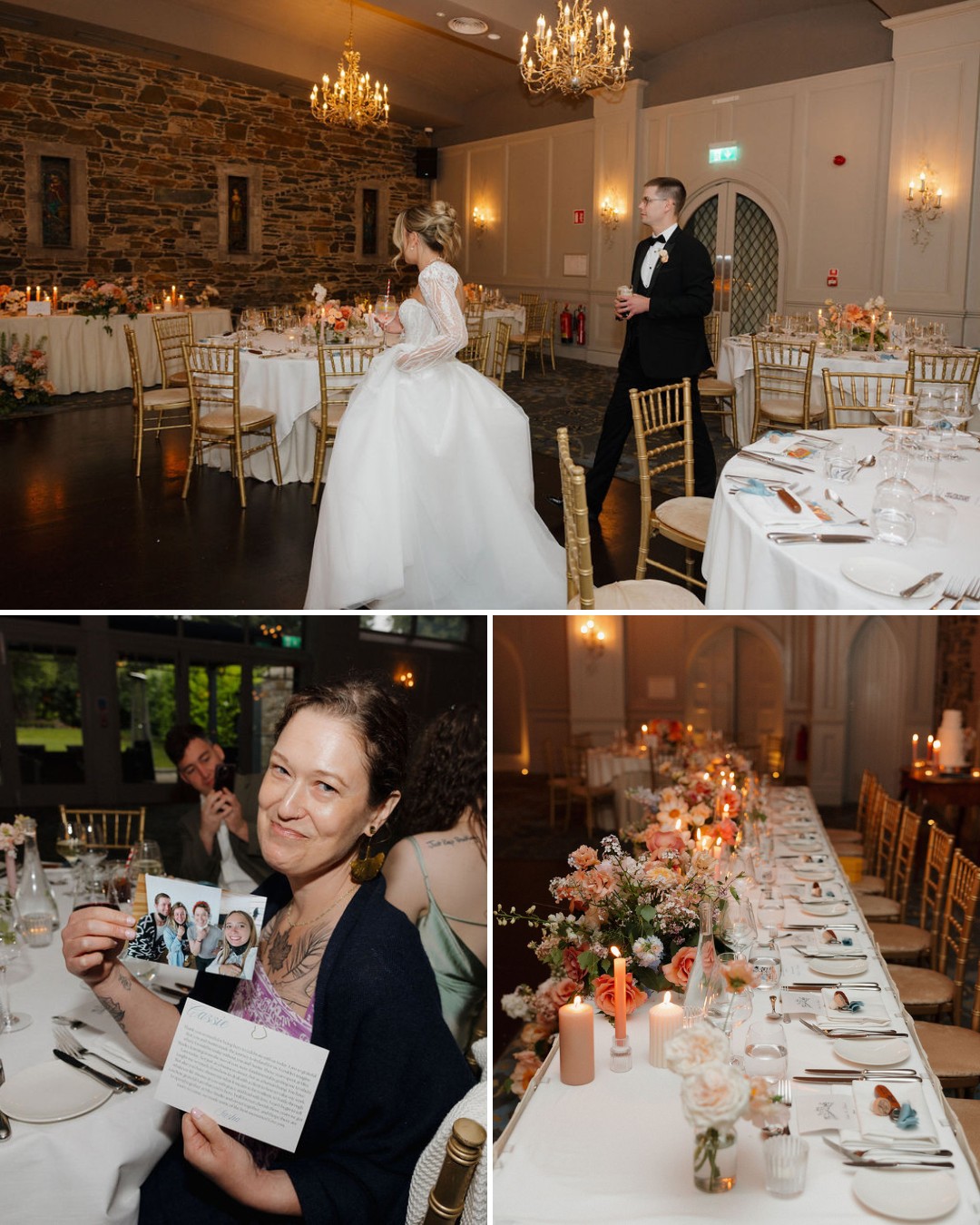 A bride and groom enter a decorated reception hall; below, a woman holds up photos at a table set with flowers and candles for a formal event.