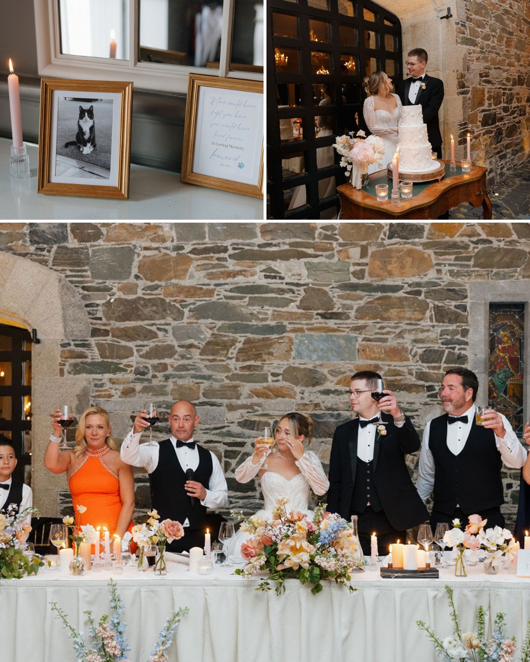 A wedding scene showing a cake-cutting, a head table toast, and framed photos including a cat and a certificate on display.
