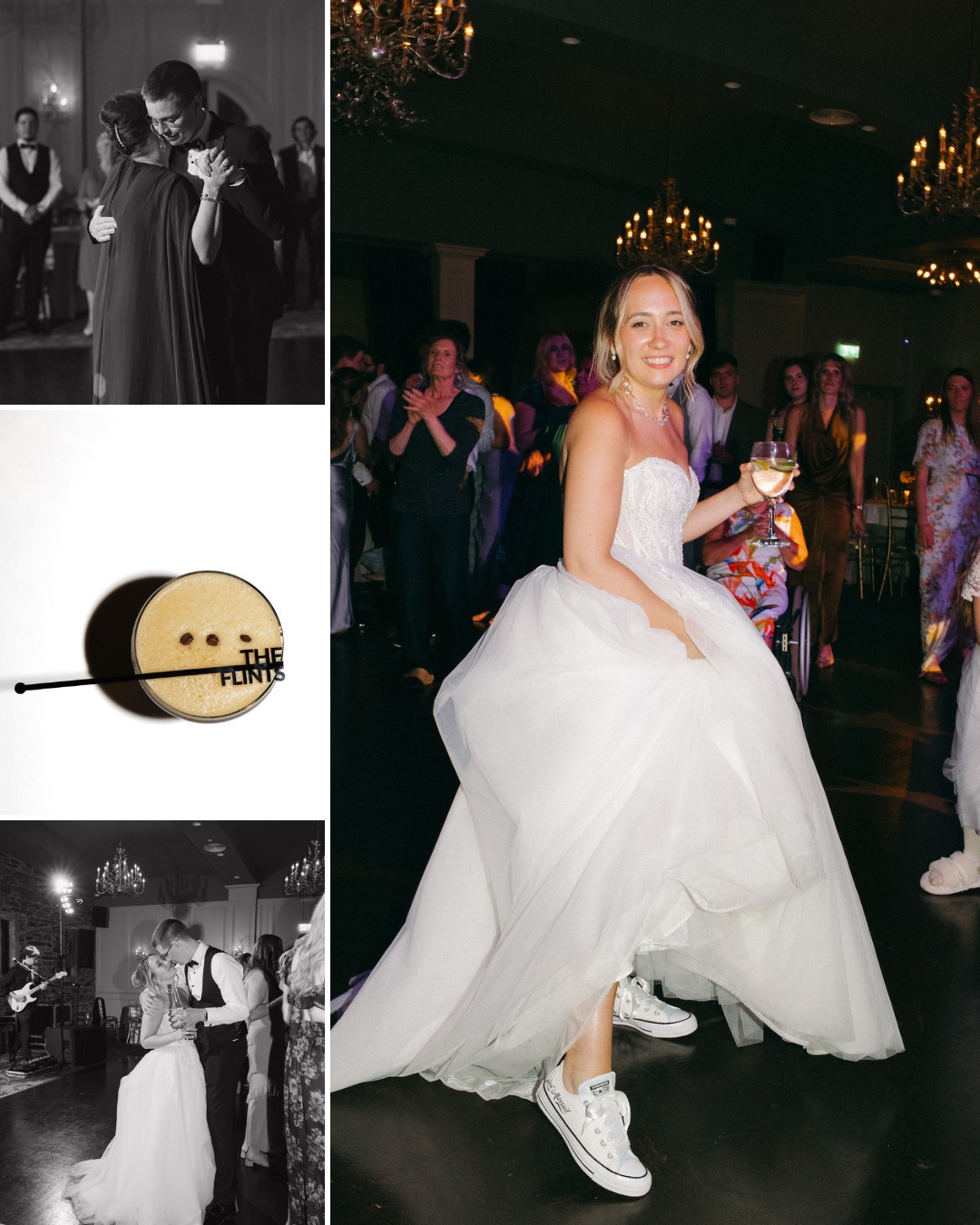 A bride in a white dress and sneakers holds a drink and smiles on a dance floor. Three smaller images on the left show a wedding couple dancing and a close-up of a record.