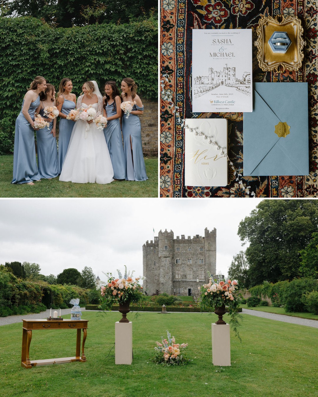 A bride and bridesmaids in blue dresses, wedding stationery, and an outdoor ceremony setup with a castle in the background.