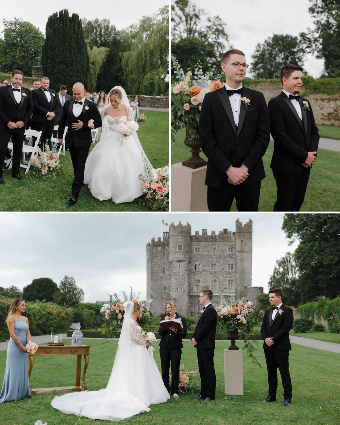 Three photos of an outdoor wedding: a bride walks down the aisle, groomsmen stand waiting, and the couple stands before an officiant with a castle in the background.