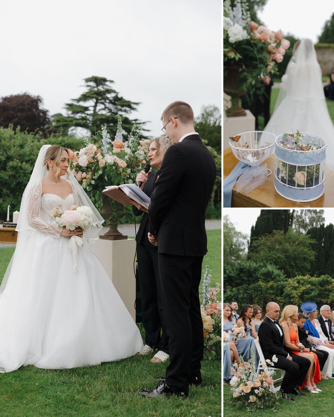 A bride and groom stand outside during their wedding ceremony; guests are seated, and floral decorations and a wedding ring box are visible.