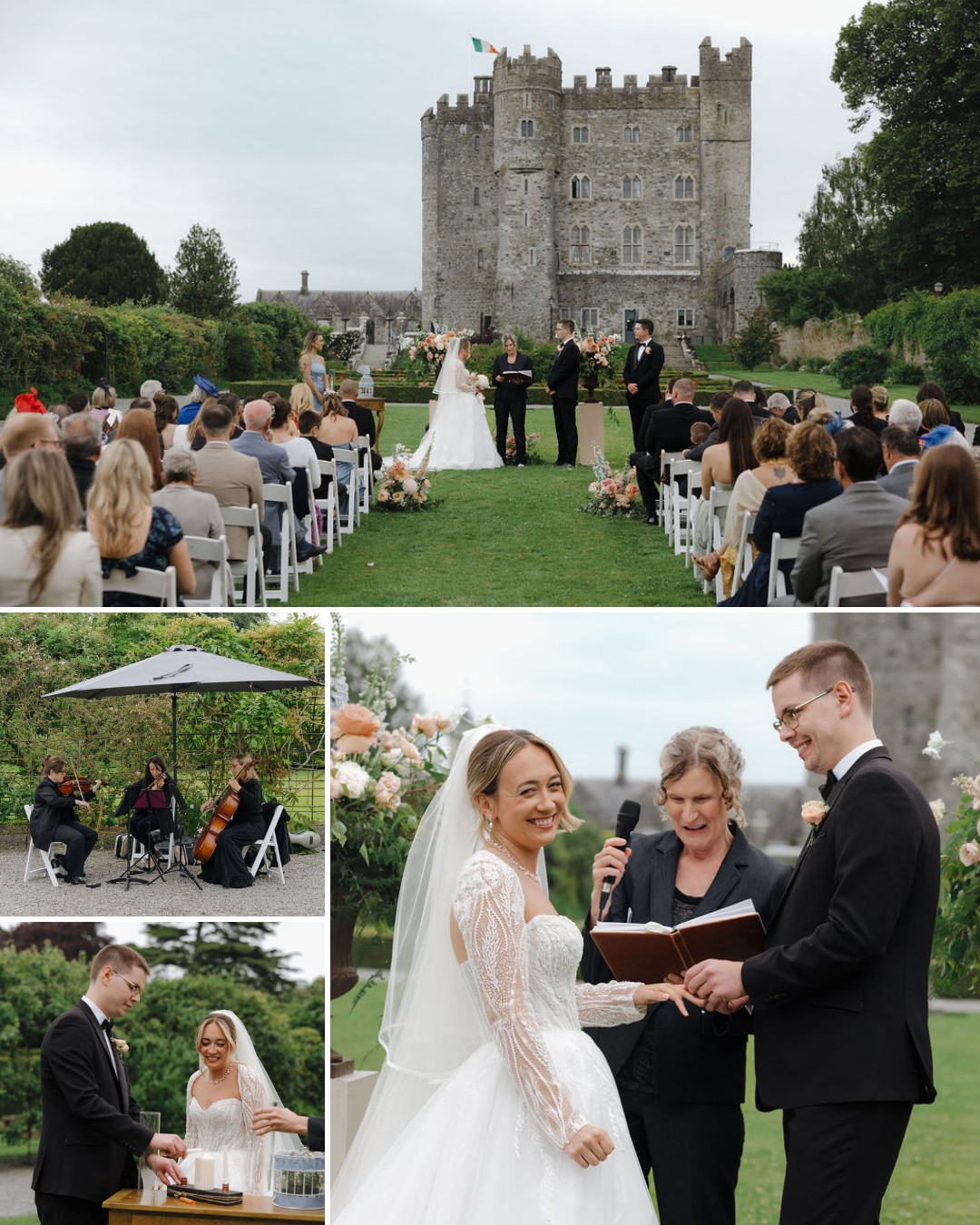 Outdoor wedding ceremony at a historic castle, with guests seated on lawns, a string quartet performing, and the couple exchanging vows and lighting candles.