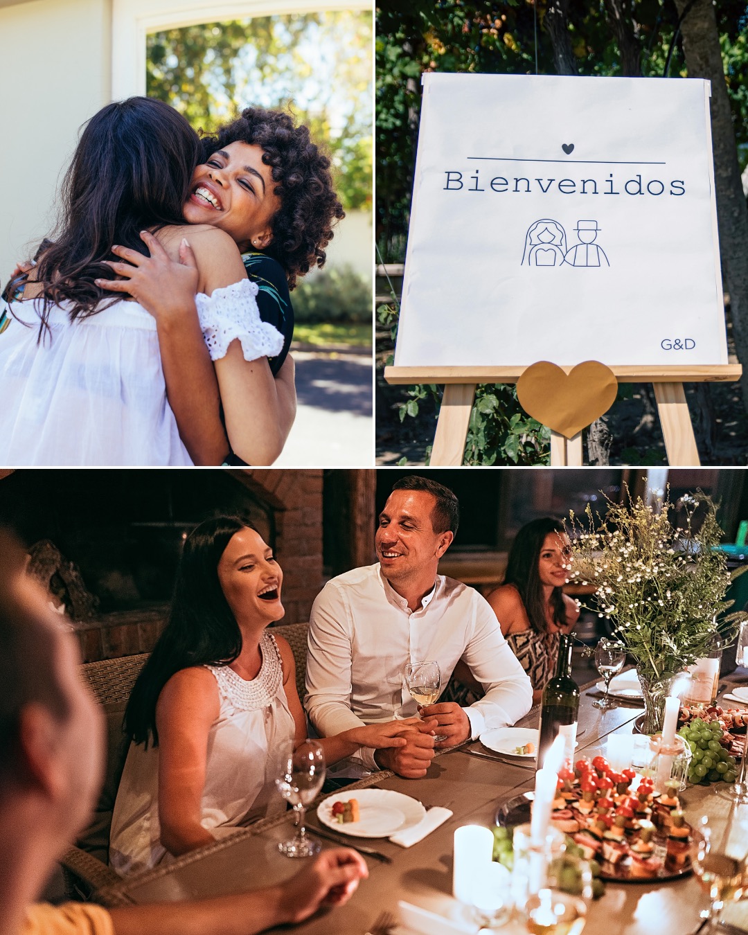 A collage shows people hugging, a "Bienvenidos" welcome sign with illustrations, and guests smiling around a dinner table. This depicts the welcome party for a multi-day destination wedding.