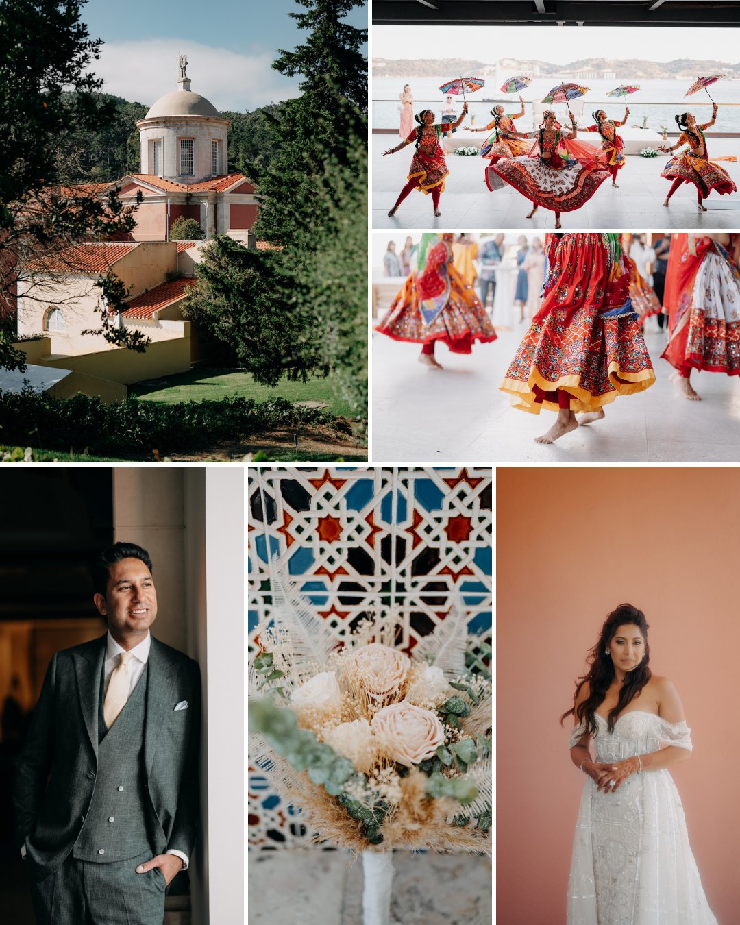 Collage with a domed building, dancers in colorful costumes, a man in a suit, floral decor, mosaic detail, and a woman in a white dress.