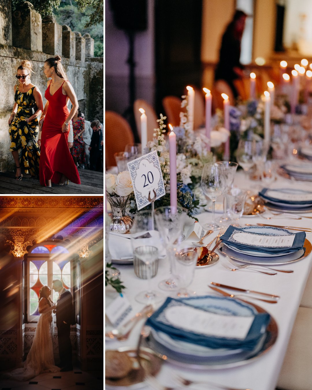 A collage shows two women walking outdoors, a bride indoors by a window, and a formal dinner table set with candles, flowers, and blue-accented place settings.