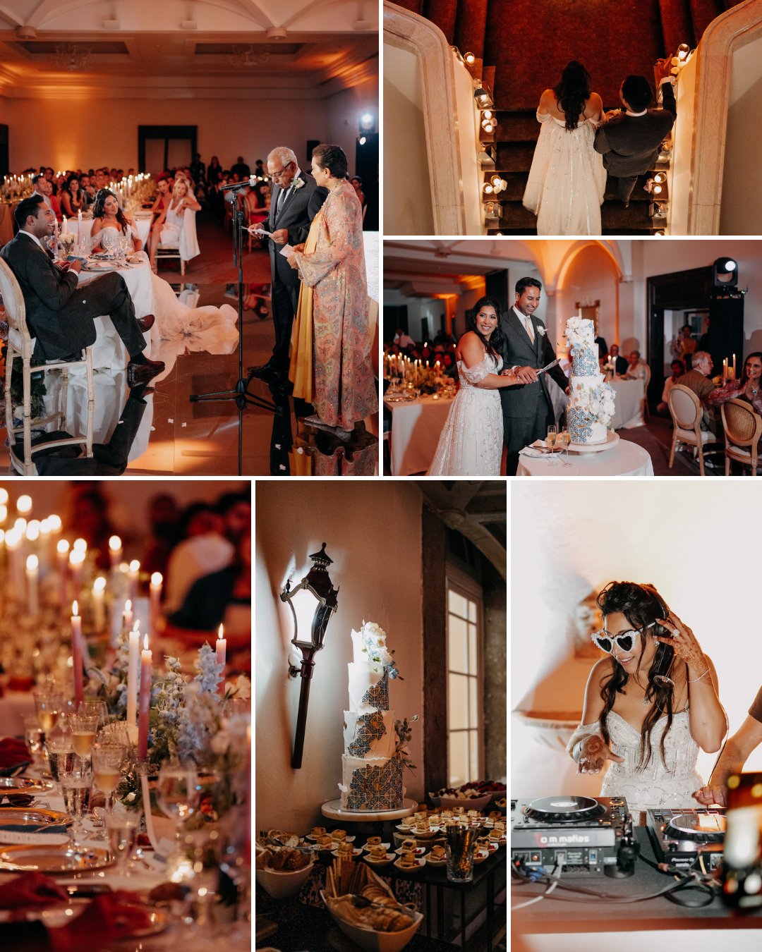 A collage of wedding scenes including the ceremony, cake cutting, decorated tables, a wedding cake, and a DJ wearing sunglasses at the reception.