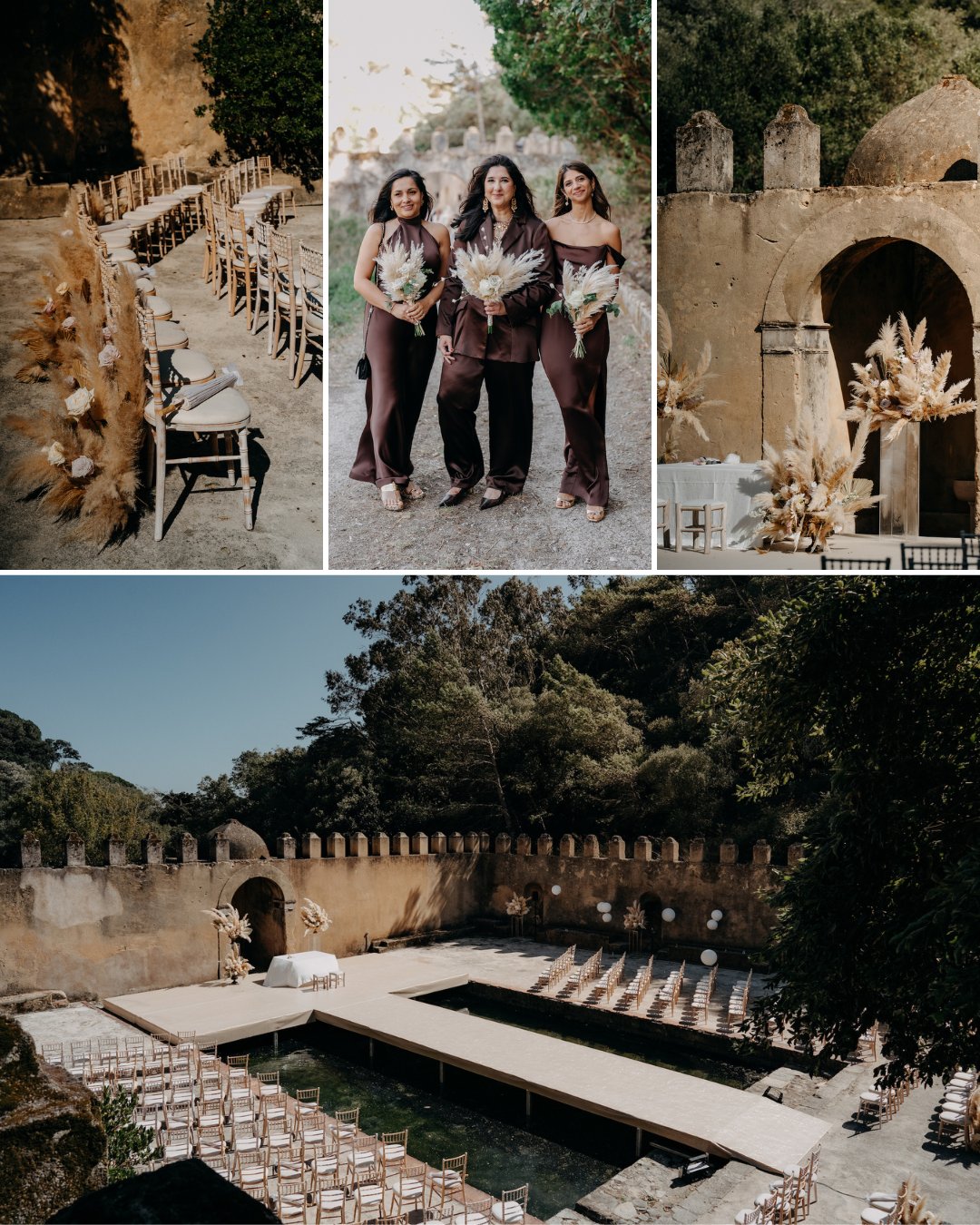 Four images show an outdoor wedding setup with rows of chairs, a stone courtyard, floral arrangements, and three women in dresses holding bouquets.