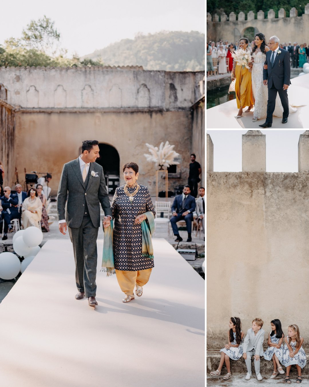 A collage shows a wedding ceremony: a couple walking on an outdoor aisle, a bride and her father, and children sitting on a stone bench, all in a rustic courtyard setting.