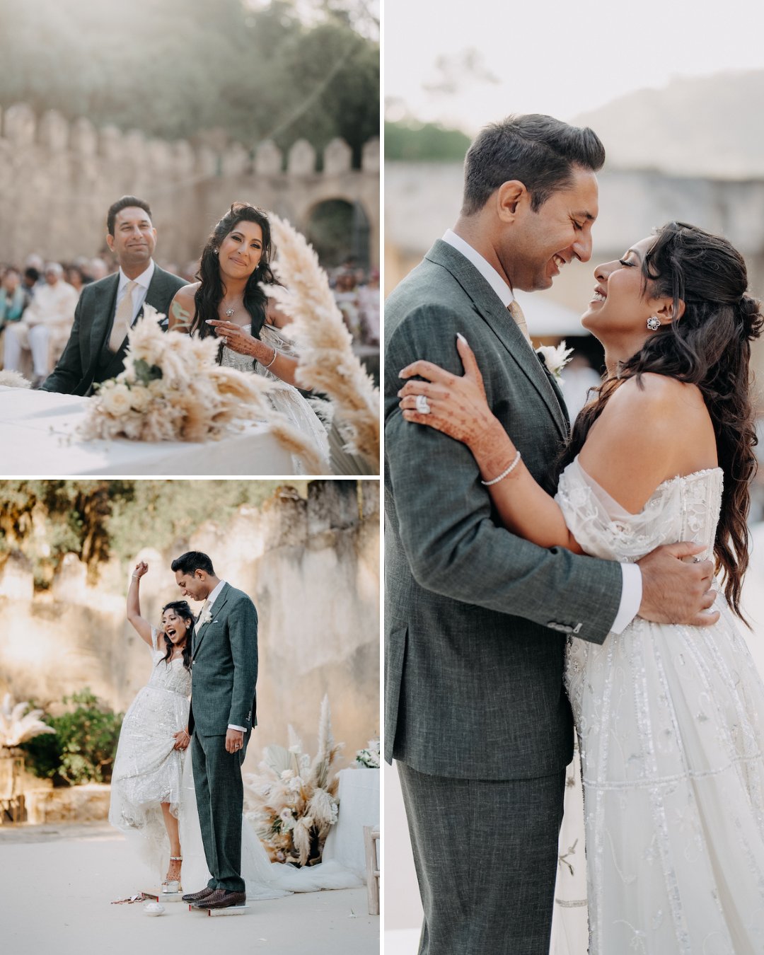 A bride and groom sit at a table, pose outdoors, and share a dance at their wedding ceremony and reception.