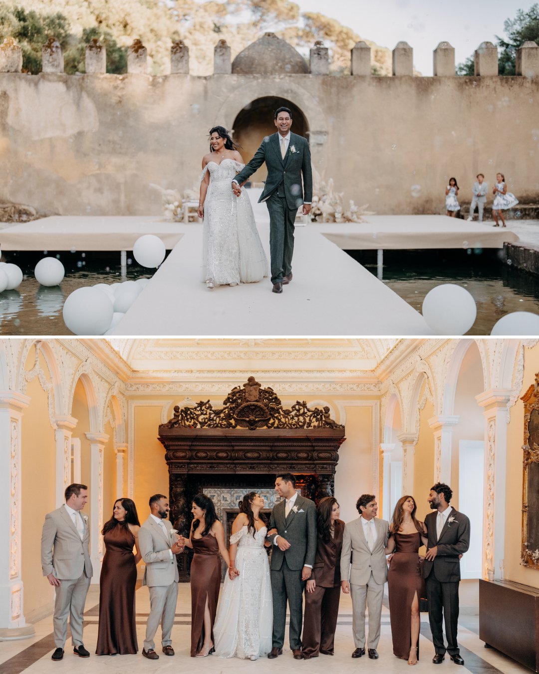 Two wedding photos: the top shows a bride and groom walking on a dock; the bottom shows the couple with their wedding party indoors, dressed in formal attire.
