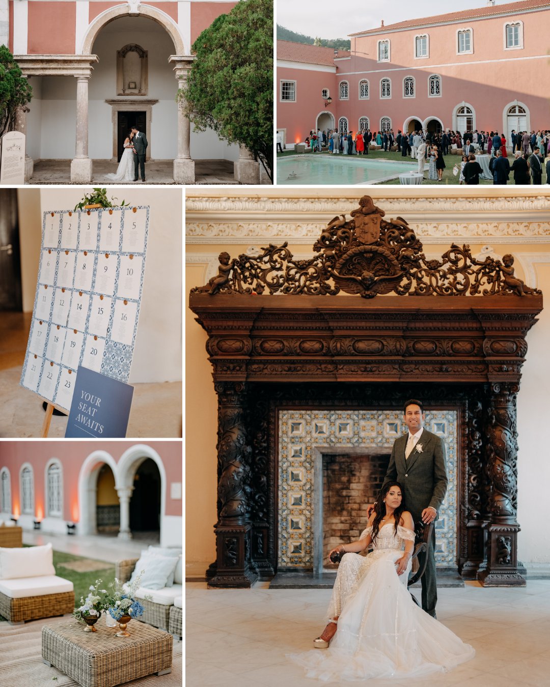 A collage of wedding scenes features a couple posing indoors, guests gathered outside a pink building, a seating chart, decorative lounge area, and a historic fireplace.