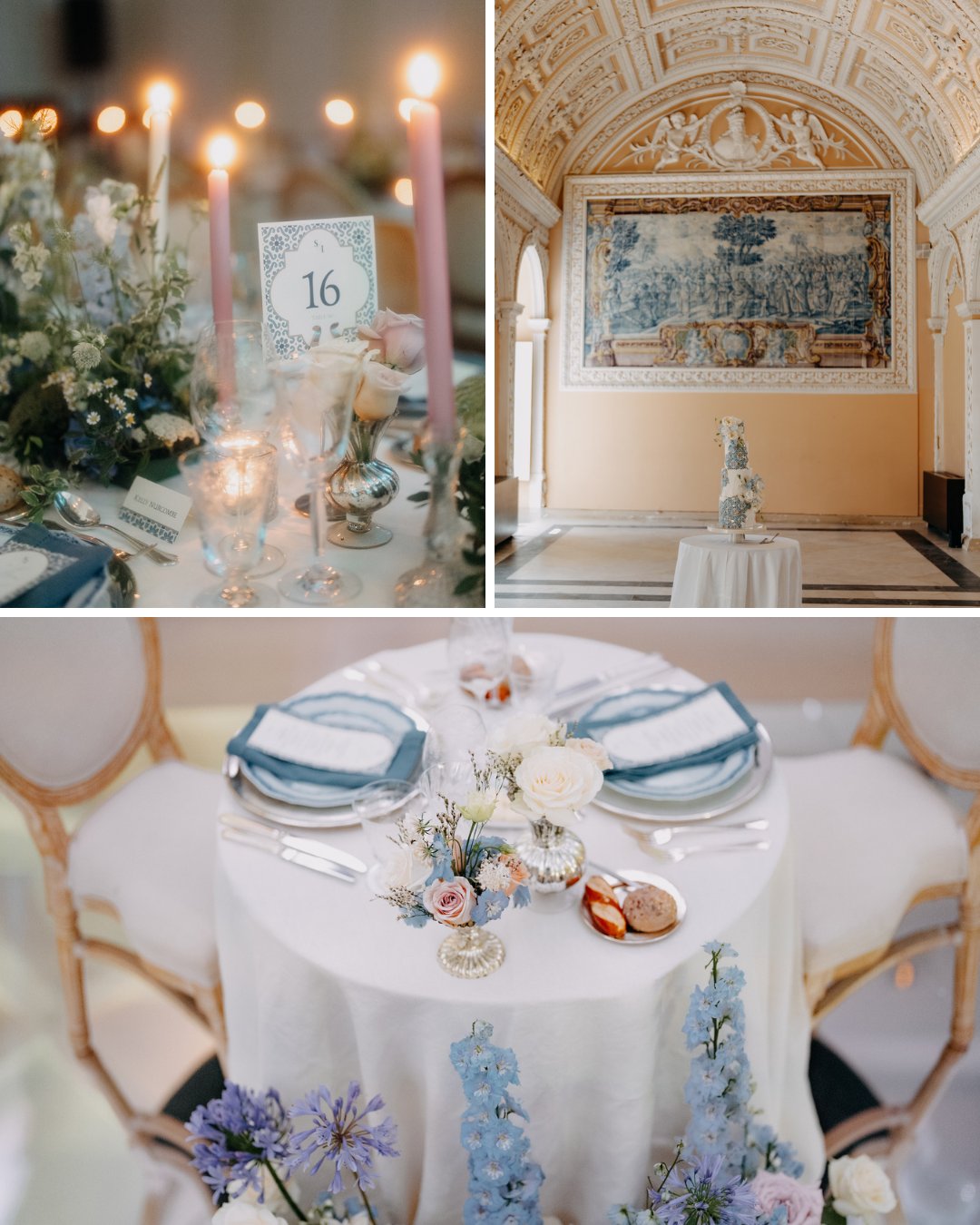 A collage shows a decorated table with candles and flowers, an ornate hallway with a statue and mosaic, and a close-up of an elegant table setting with blue and white details.