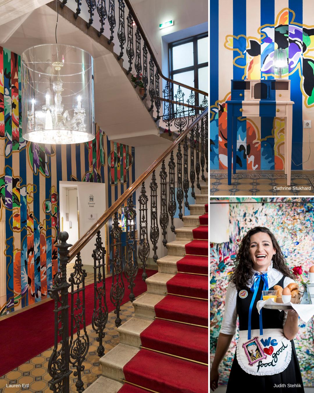 A staircase with a red carpet and ornate railing, colorful striped and floral walls, with two inset images: a vibrant striped fireplace and a smiling woman holding oranges.