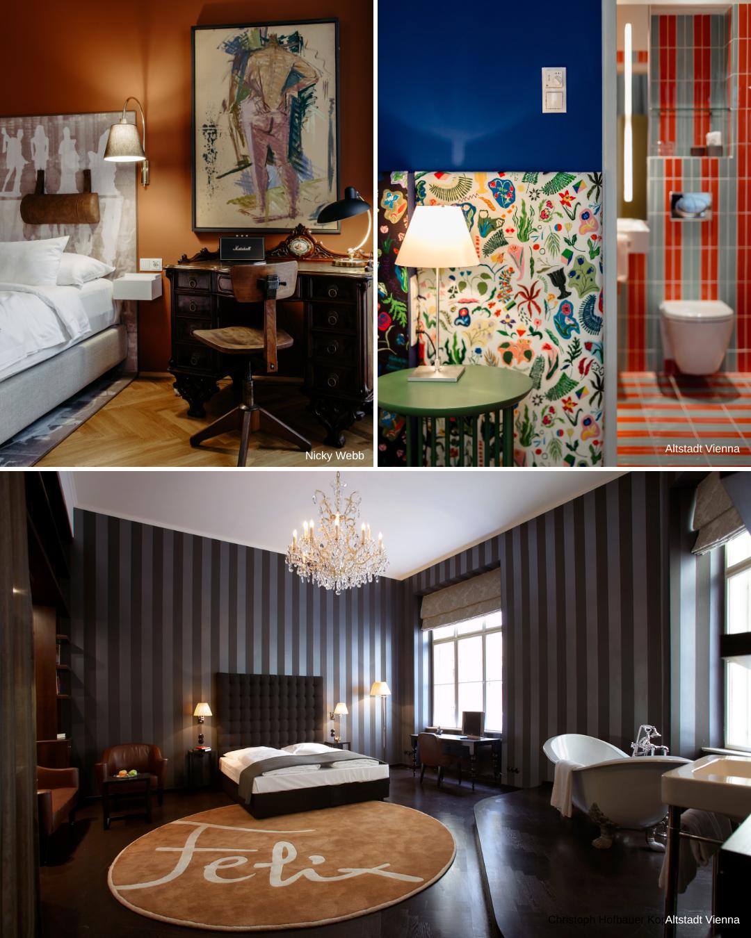 A collage of eclectic hotel rooms featuring varied decor: a warm-toned bedroom, rooms with colorful wallpaper, and a spacious suite with striped walls and a chandelier.