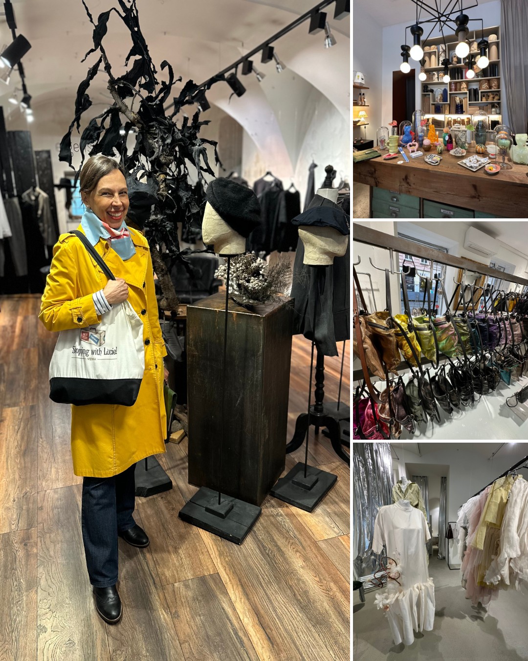 A person in a yellow coat stands in a boutique with hats and mannequins; inset images show store shelves with accessories, bags, and clothing displays.