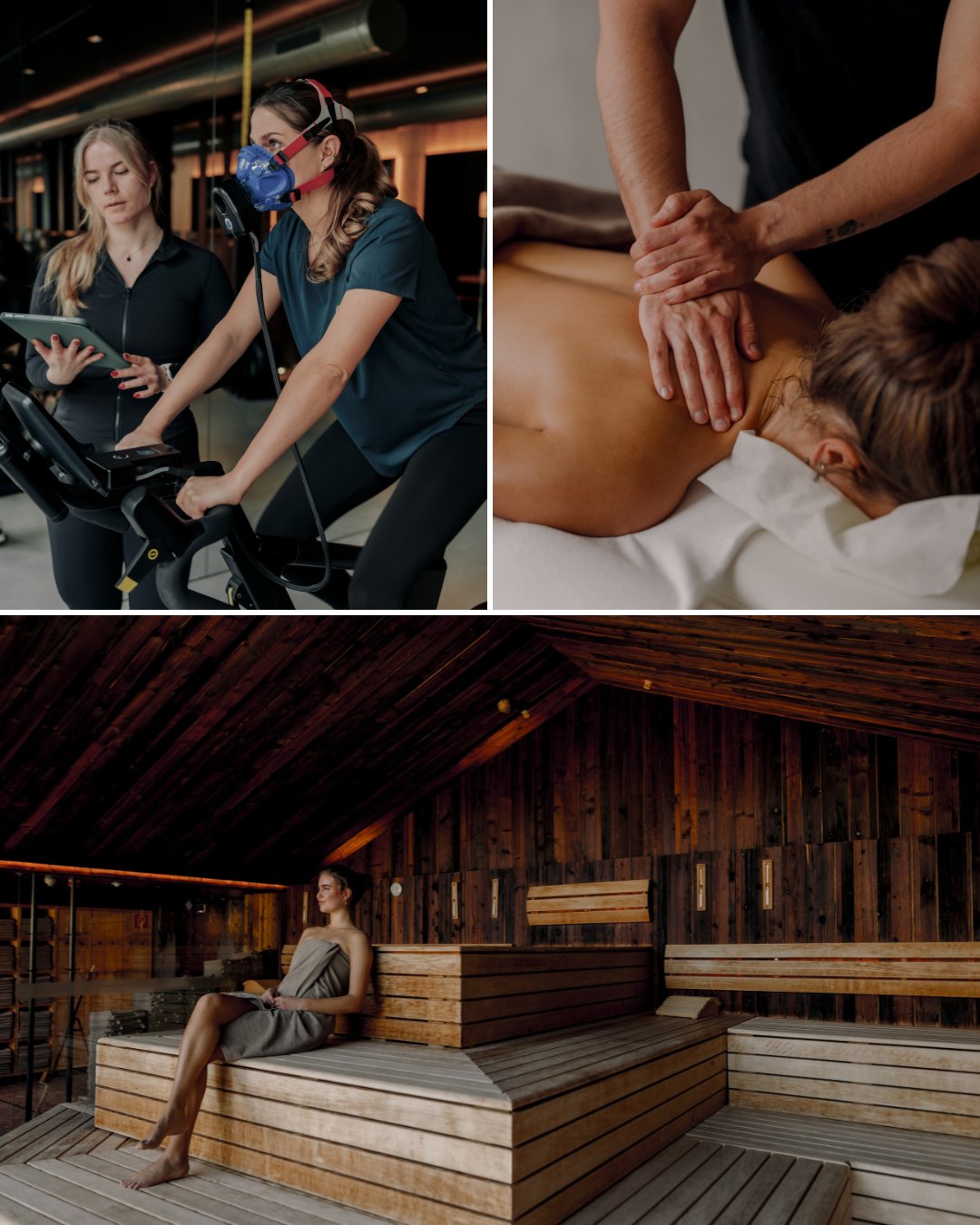 A collage shows a fitness assessment on a stationary bike, a person receiving a back massage, and a woman relaxing in a wooden sauna.