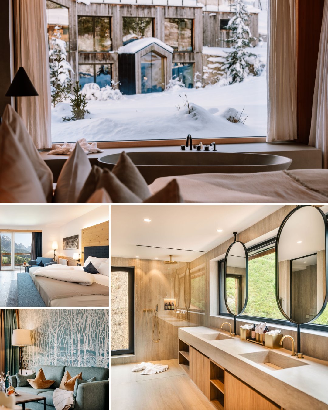 Collage of a modern hotel room with a bathtub by a snowy window, a spacious bedroom, a stylish bathroom, and a cozy lounge area with contemporary decor.