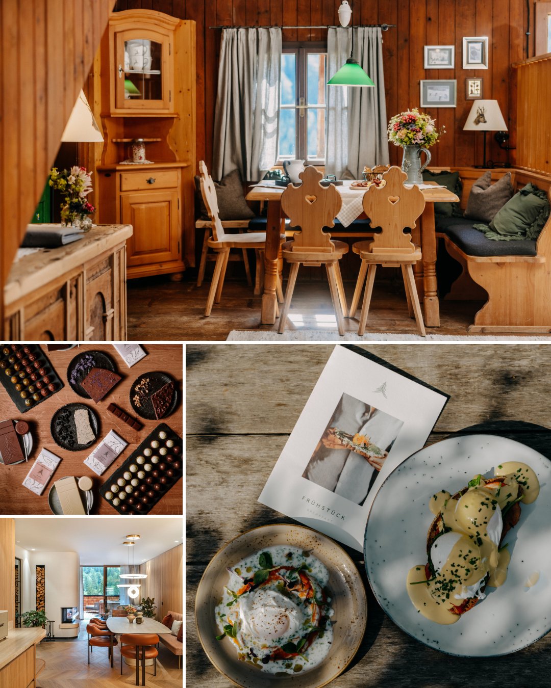 A cozy wooden dining room with a set table, plates of food, and a display of assorted cheeses; images are arranged in a collage format.