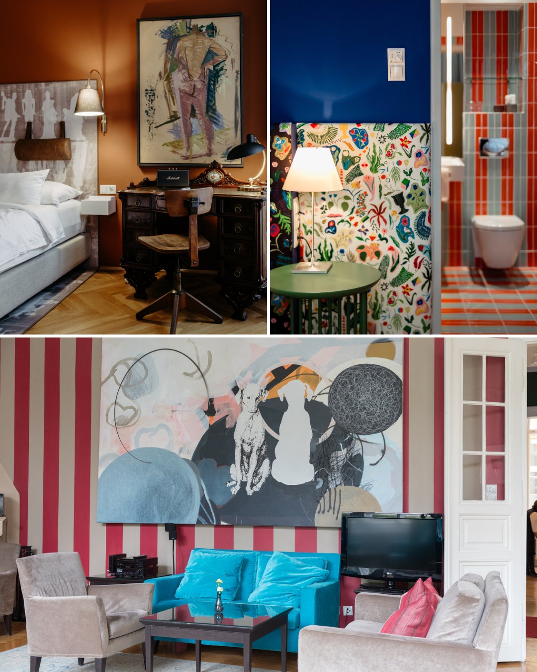 Collage of four interior rooms: a bedroom with warm tones, a desk with artwork, a bathroom with colorful walls, and a living room with striped wallpaper and vibrant furniture.