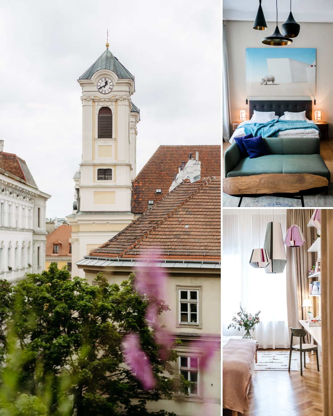 A collage featuring an exterior view of a clock tower and rooftops, and two interior shots of modern, well-lit bedrooms with stylish decor.