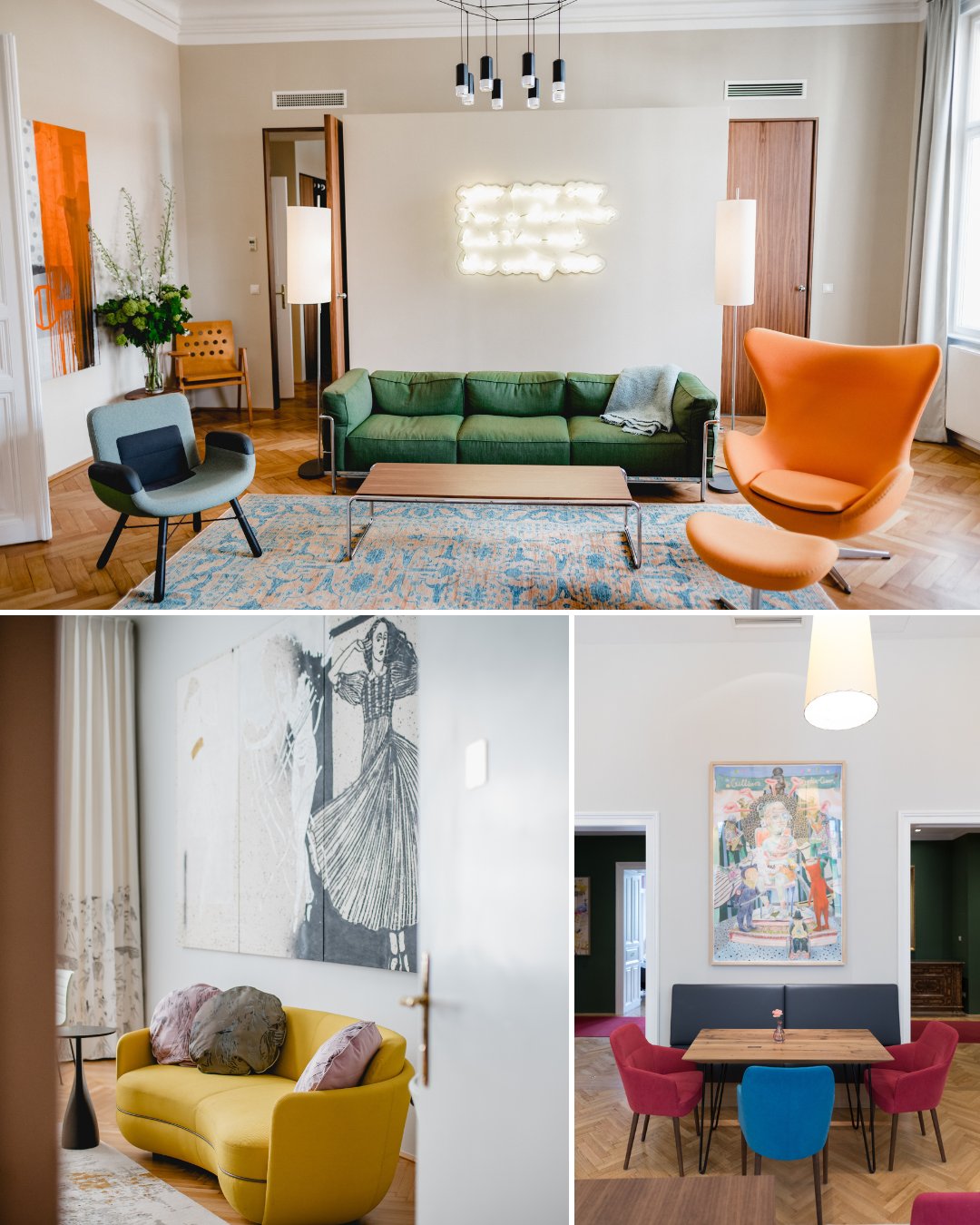 A modern living space with green and orange seating, wall art, and pendant lights; additional rooms feature colorful sofas, abstract art, and a dining area.