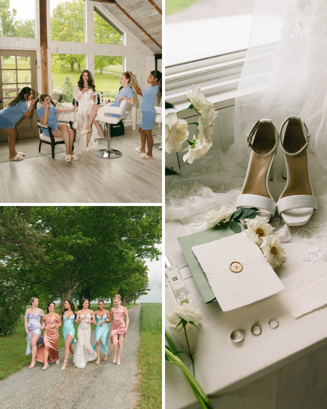 Collage of bridal preparation: top left, women getting ready indoors; top right, white shoes and wedding accessories; bottom, group of women walking outdoors in dresses.