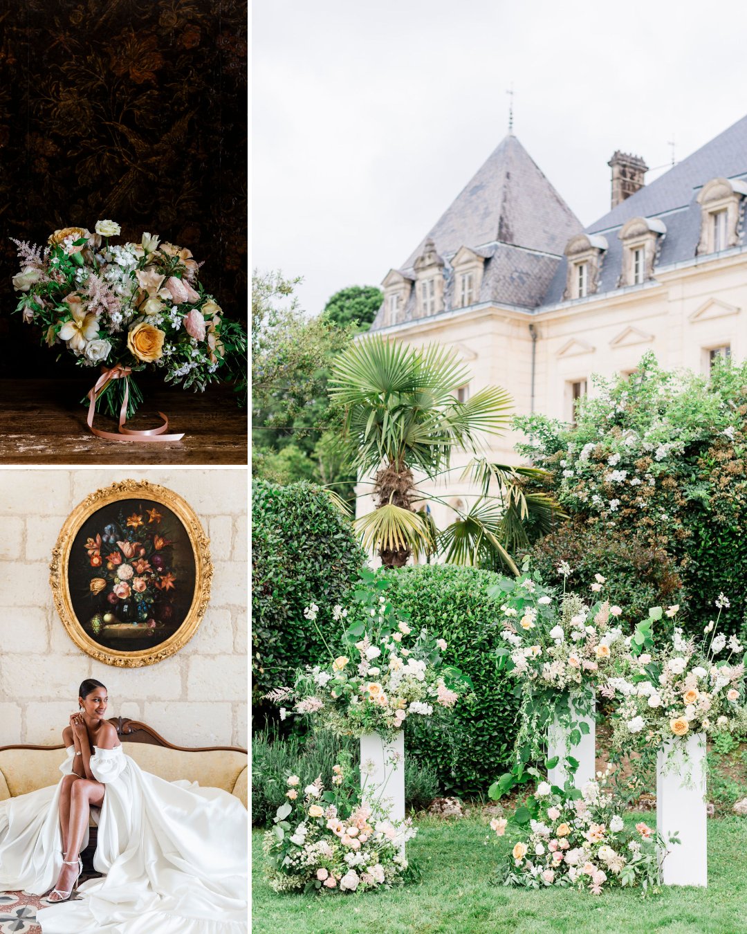 A collage shows a flower arrangement, a woman in a white dress sitting on a bed, and an outdoor wedding setup in front of a French chateau.