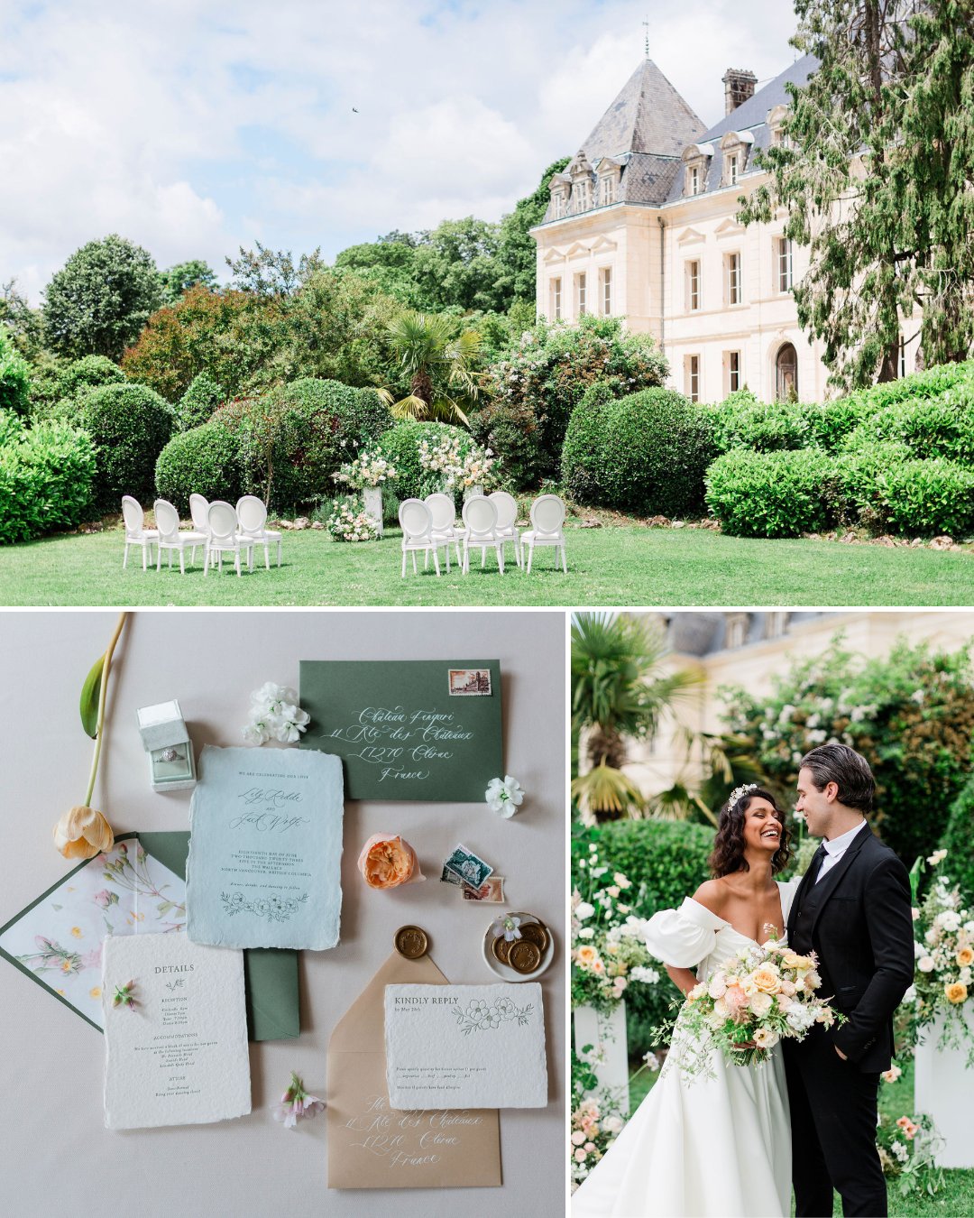 Collage of a wedding: outdoor ceremony setup at a chateau, wedding stationery flat lay, and a bride and groom posing in a garden.