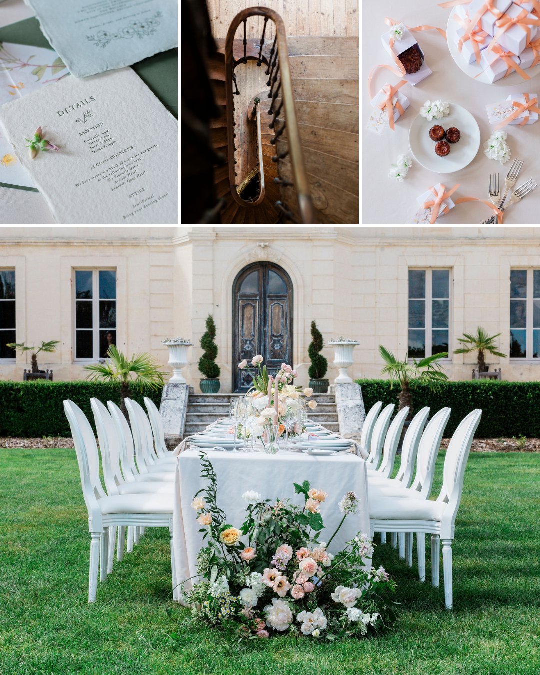Elegant outdoor table set for an event in front of a mansion, with close-ups of invitations, a staircase, and dessert plates.